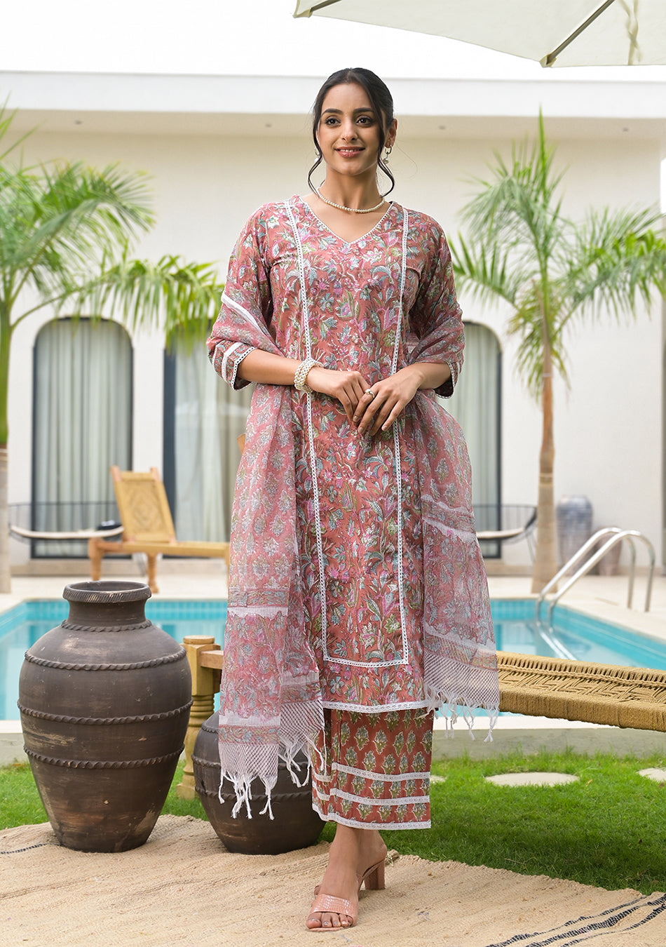 Maroon Floral Print Cotton Handblock Kurta Set for Women