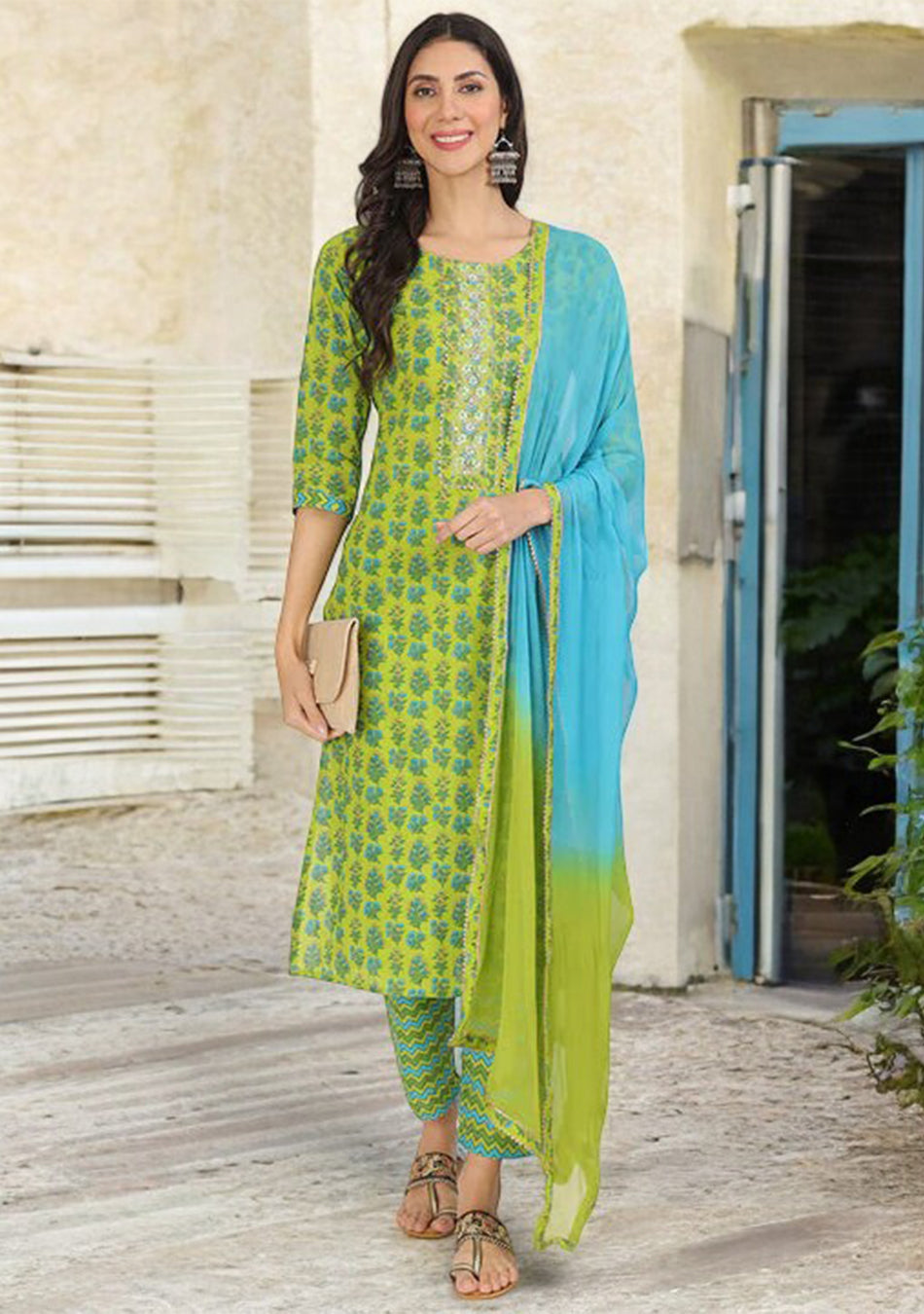 Green Floral Print Cotton Kurta Pants with Dupatta