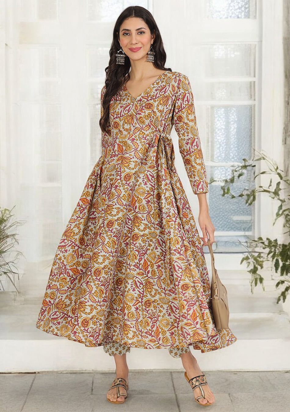 Brown Floral Print Cotton Angrakha Kurta Pants set