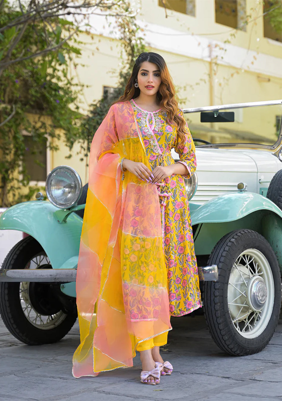 Yellow Floral Printed Muslin Kurta Pant with Dupatta