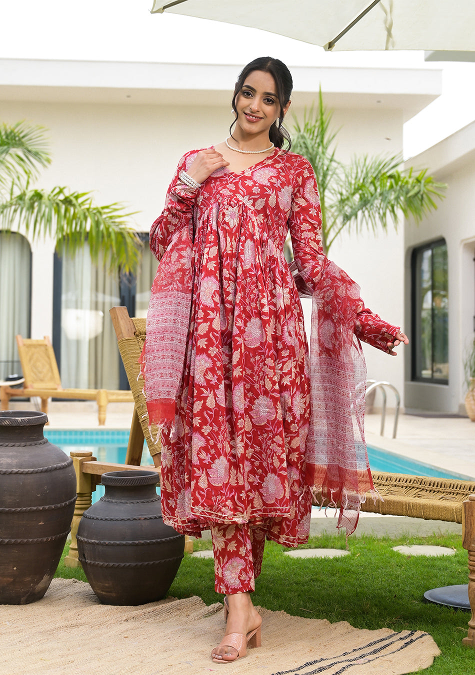 Floral Printed Red Cotton Alia Cut Kurta Set for women