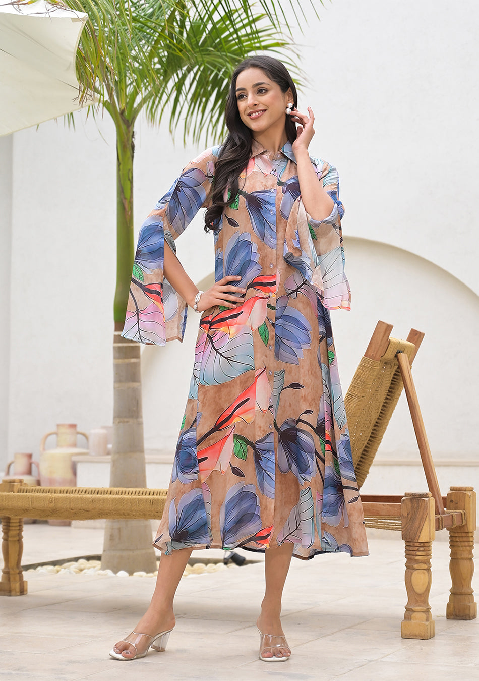 Blue Multi Digital Printed Chinon Kaftan Dress