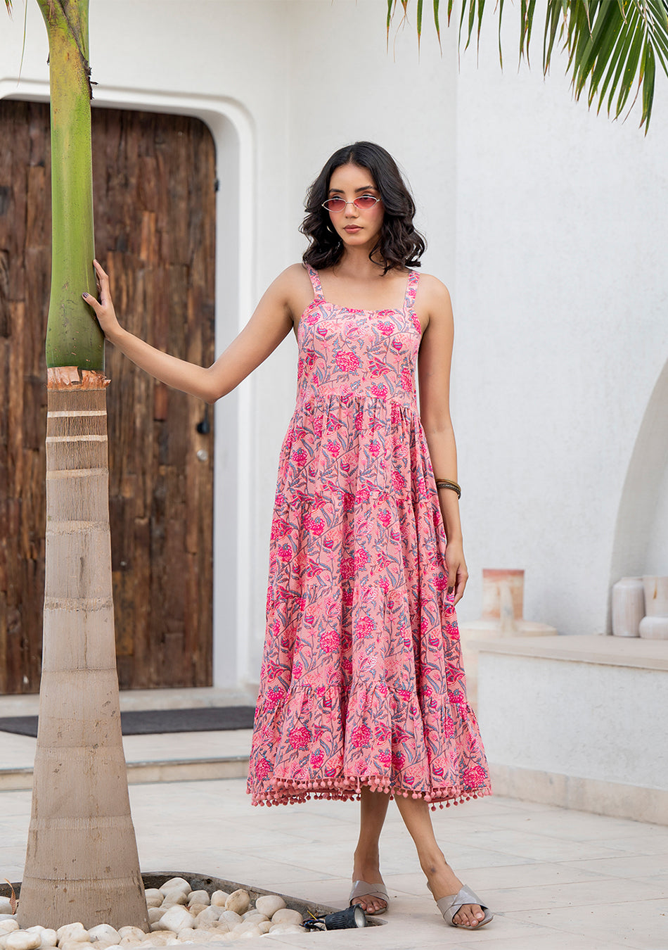 Pink Floral Printed Shoulder Strip Calf Long Ethnic Dress for Women