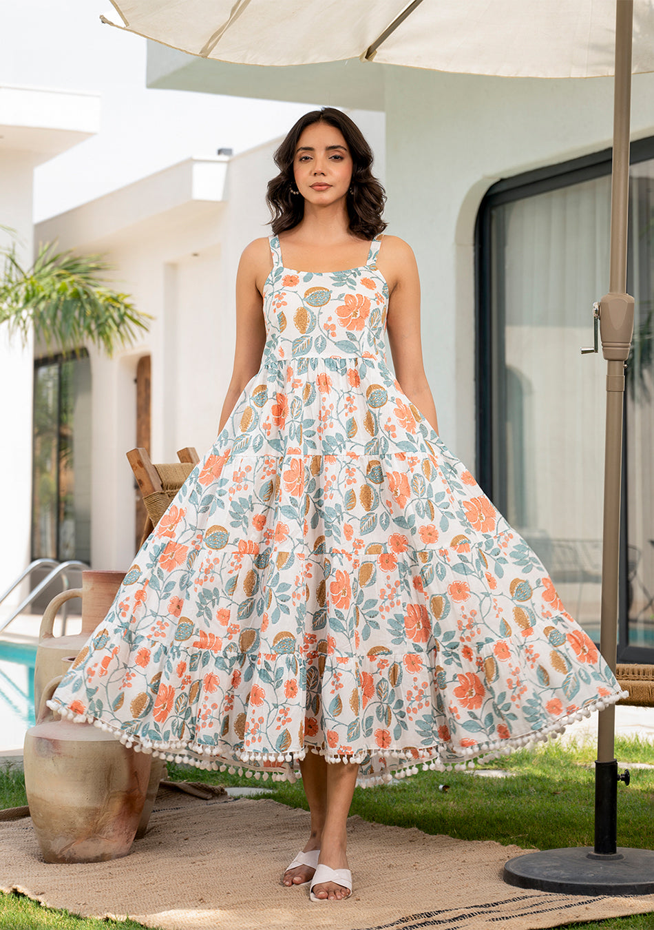 White Floral Printed Shoulder Strip Calf Long Dress