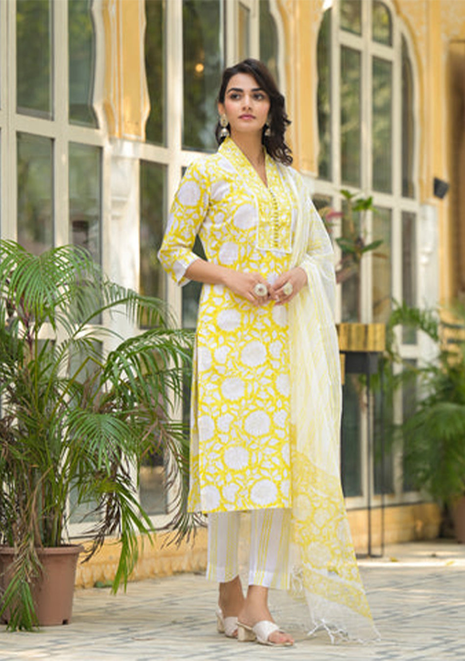 Yellow Hand Block Print Pure Cotton Straight Kurta Set