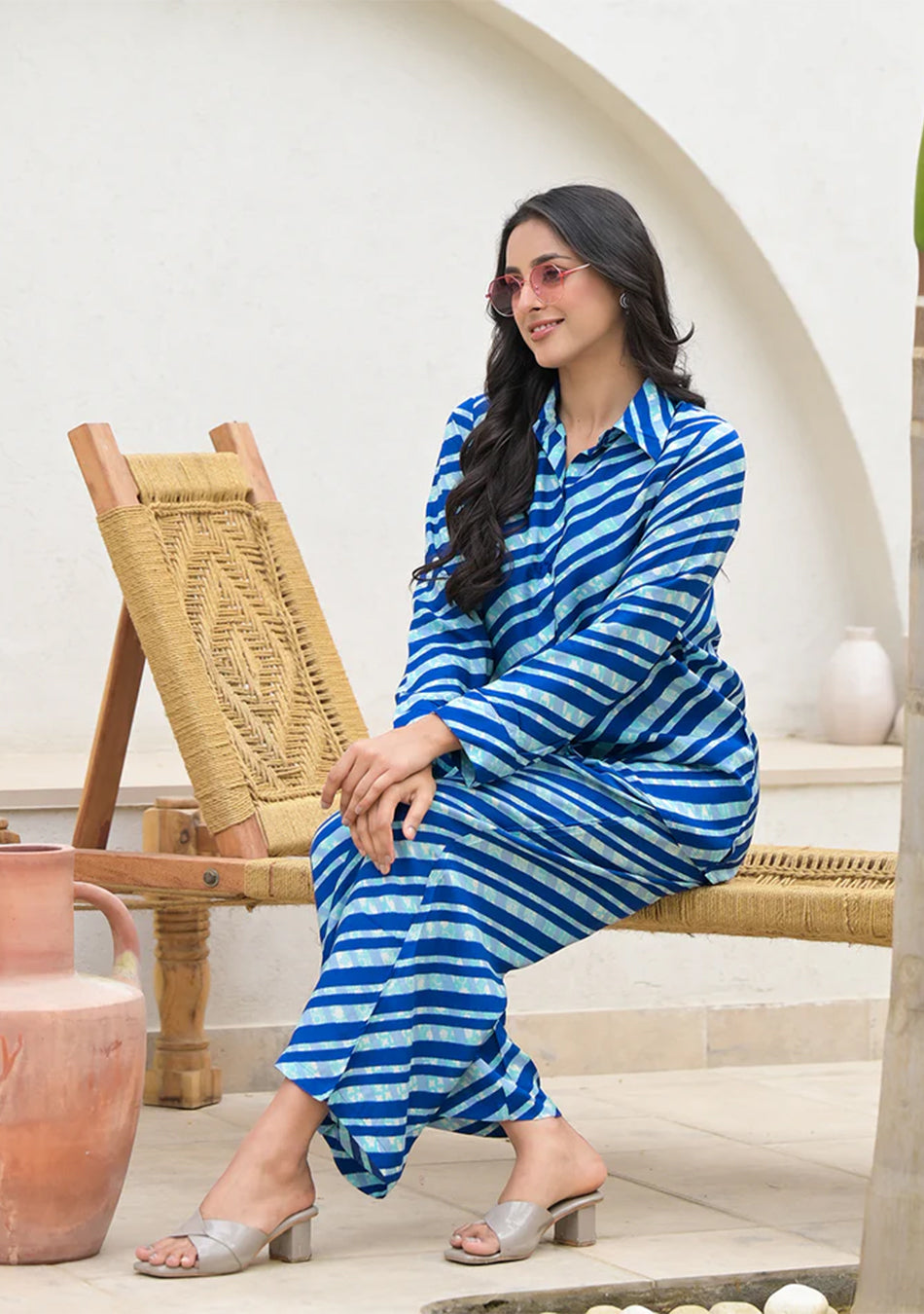 Blue Stripes Shirt With Trousers Co-Ords