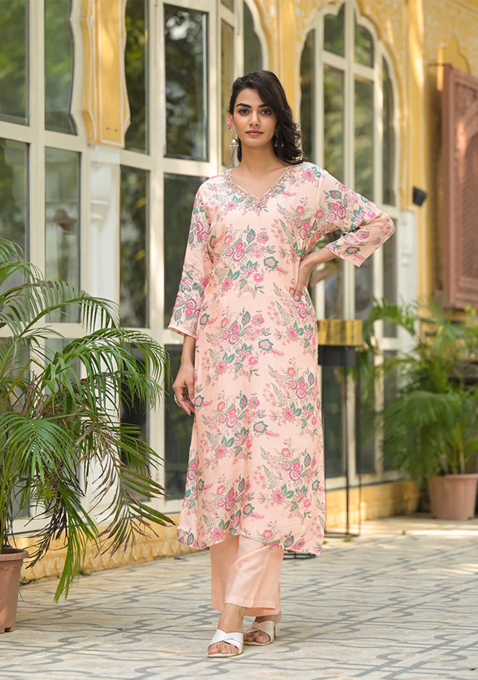 Peach Floral Print Muslin Straight Kurta Set