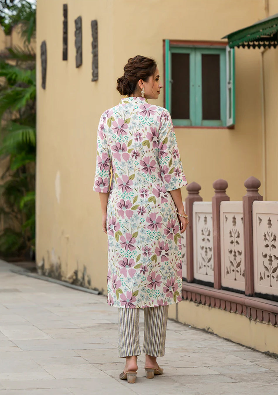 Lavender Floral Print Pure Cotton Straight Kurta with Trouser