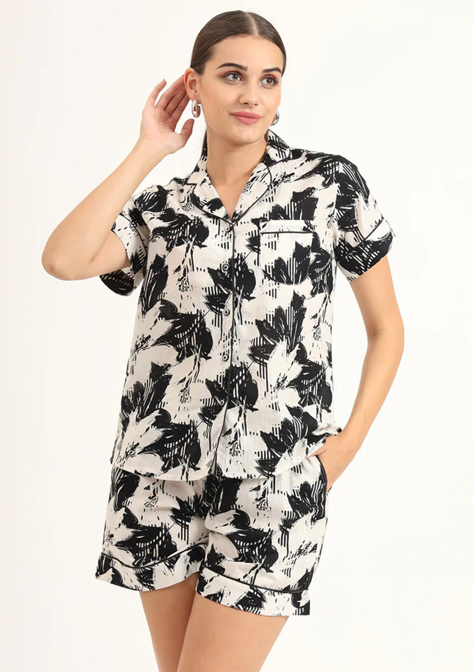 Black & White Asymetric Print Pure Cotton Regular Night Suit