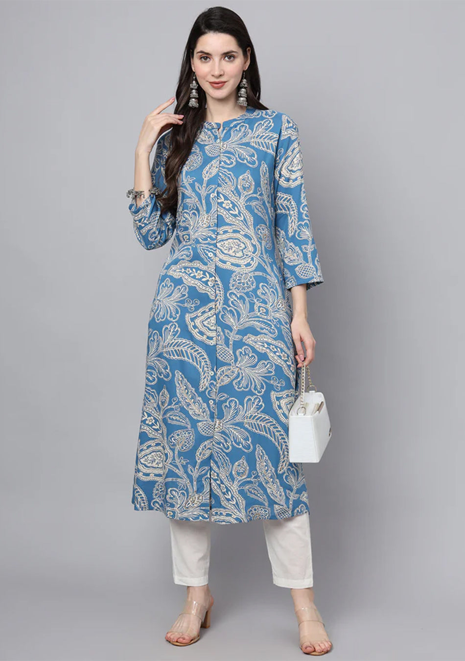 Blue Rayon Printed-A-Line Kurta
