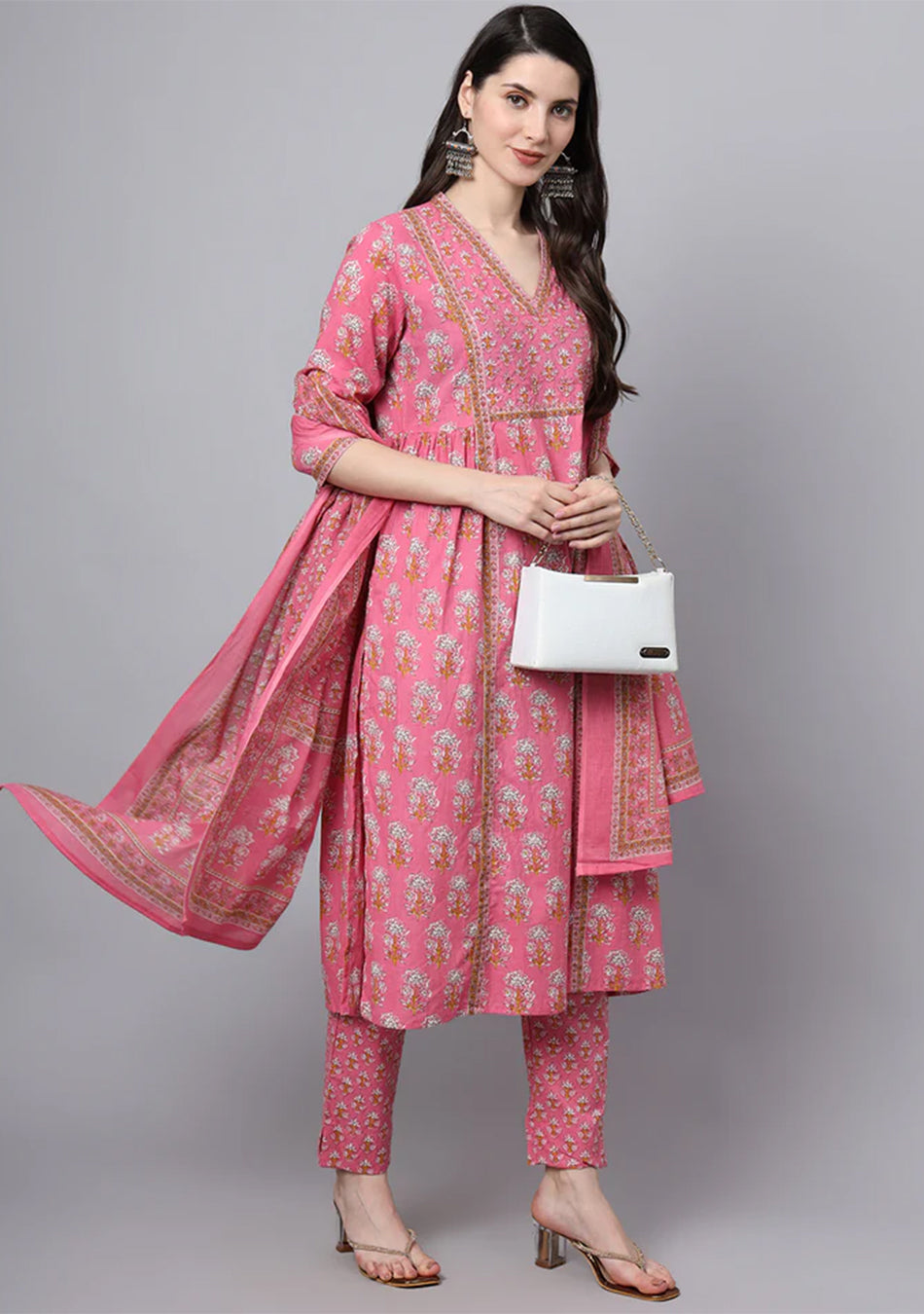 Pink Cotton Printed Sequin Work Kurta Set