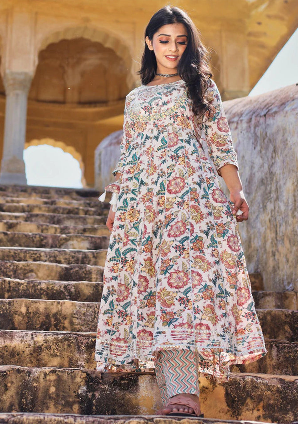 Off white Printed Anarkali Kurta Pant Set