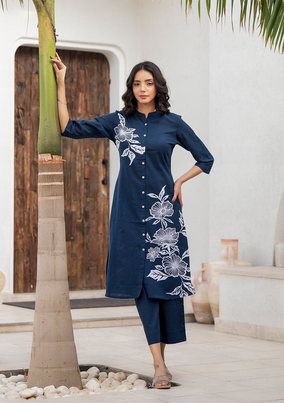 Navy Blue Floral Pattern Kurta Pant Set