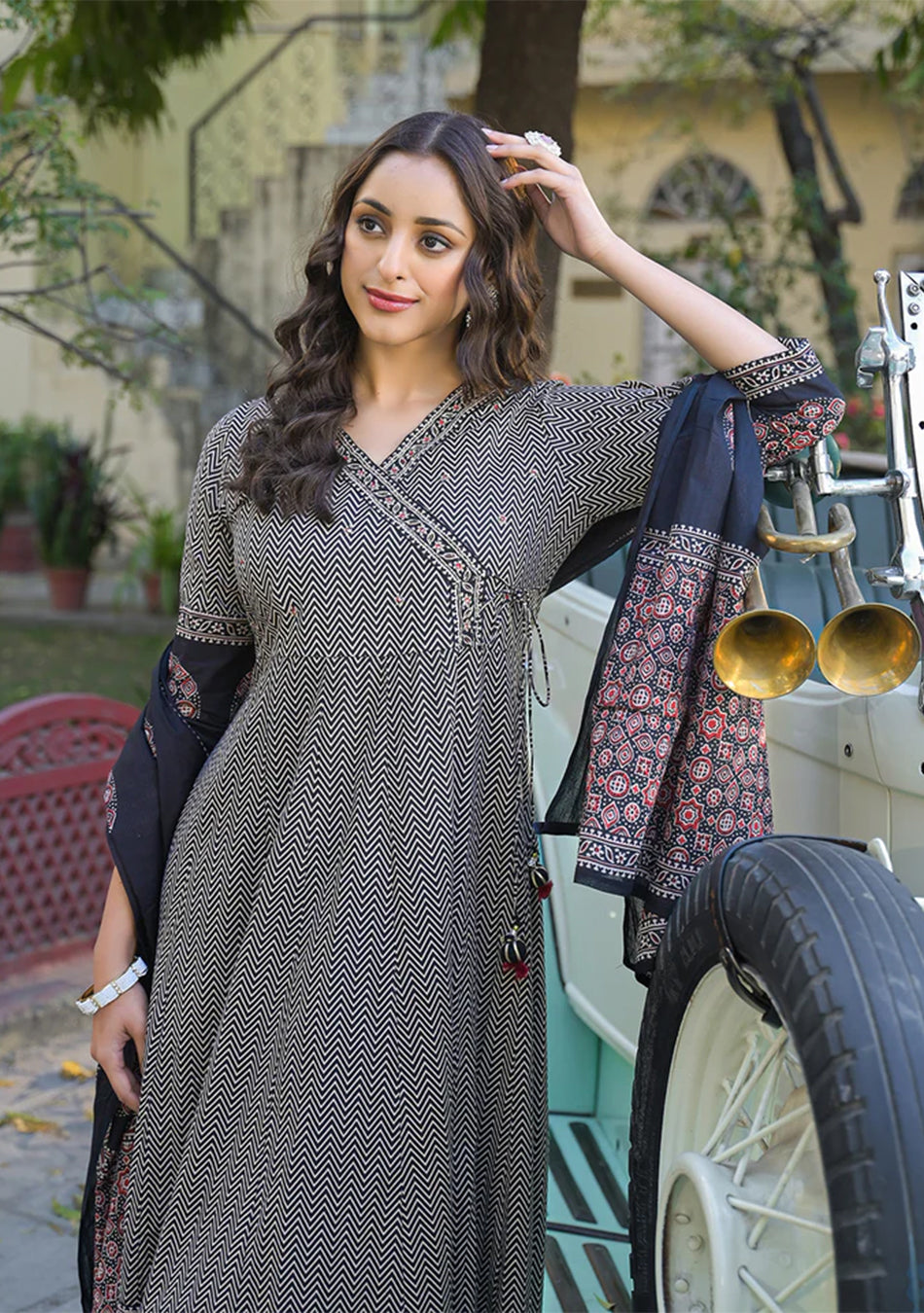 Black Printed Cotton Fabric Anarkali Kurta Pant With Dupatta