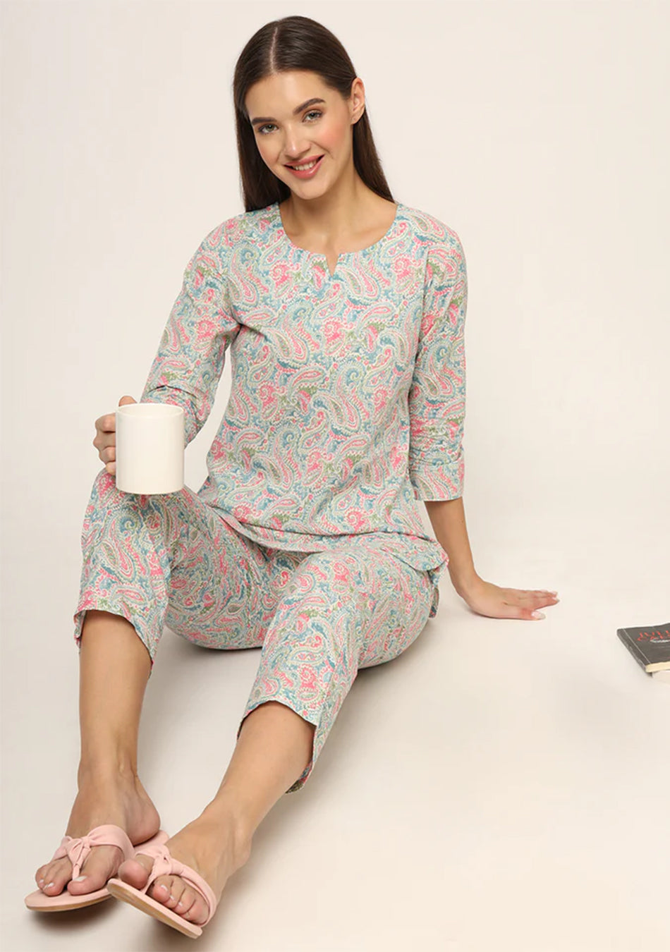 Blue Multi Floral Print Cotton Regular Fit Night Suit