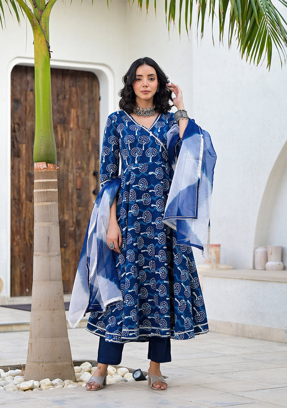 Indigo Blue HandBlock Print Cotton Anarkali Kurta Set with Organza Dupatta