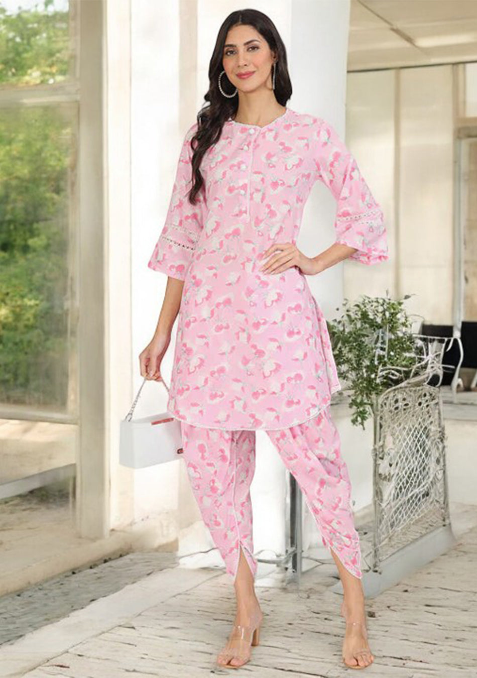 Pink Floral Printed Cotton Kurta with Dhoti Co-Ord Set