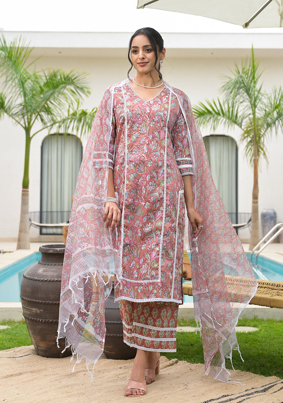 Maroon Floral Print Cotton Handblock Kurta Set for Women