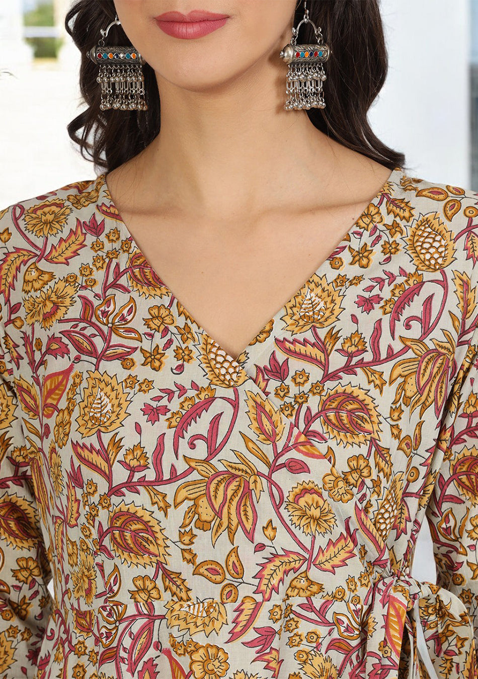 Brown Floral Print Cotton Angrakha Kurta Pants set