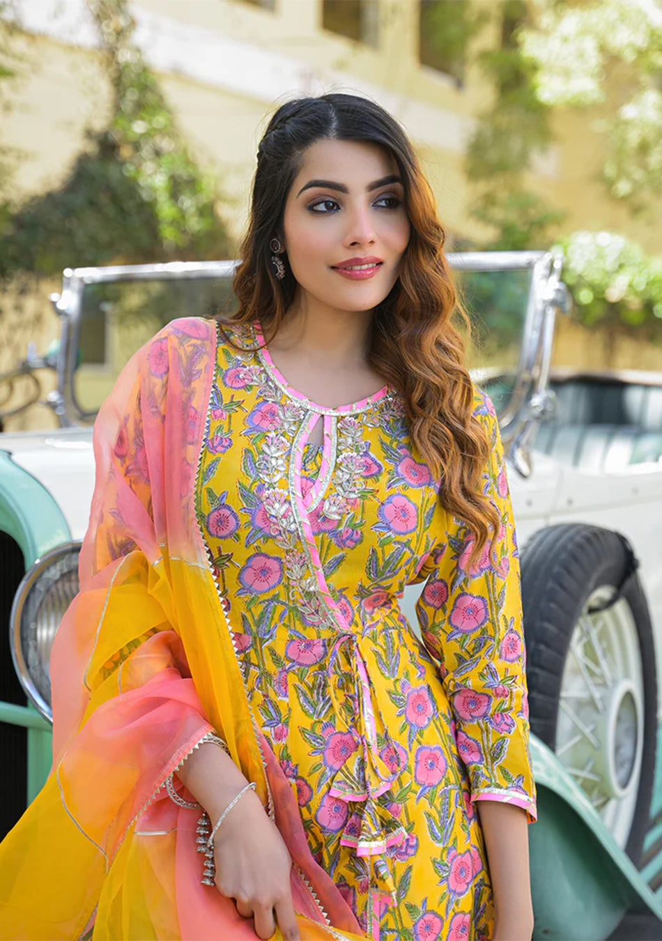 Yellow Floral Printed Muslin Kurta Pant with Dupatta