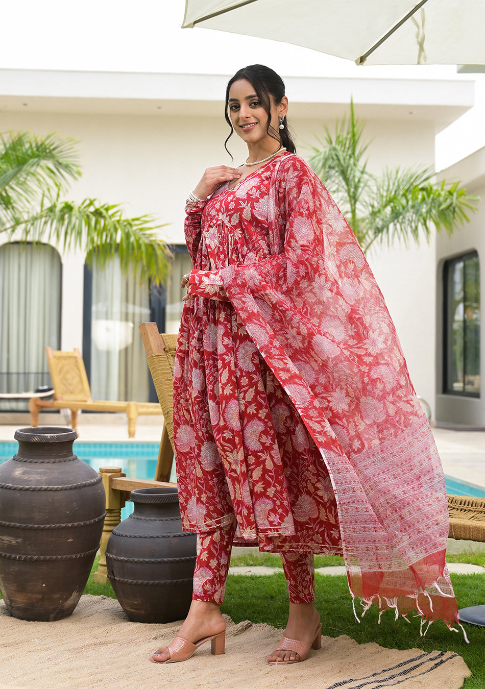 Floral Printed Red Cotton Alia Cut Kurta Set for women