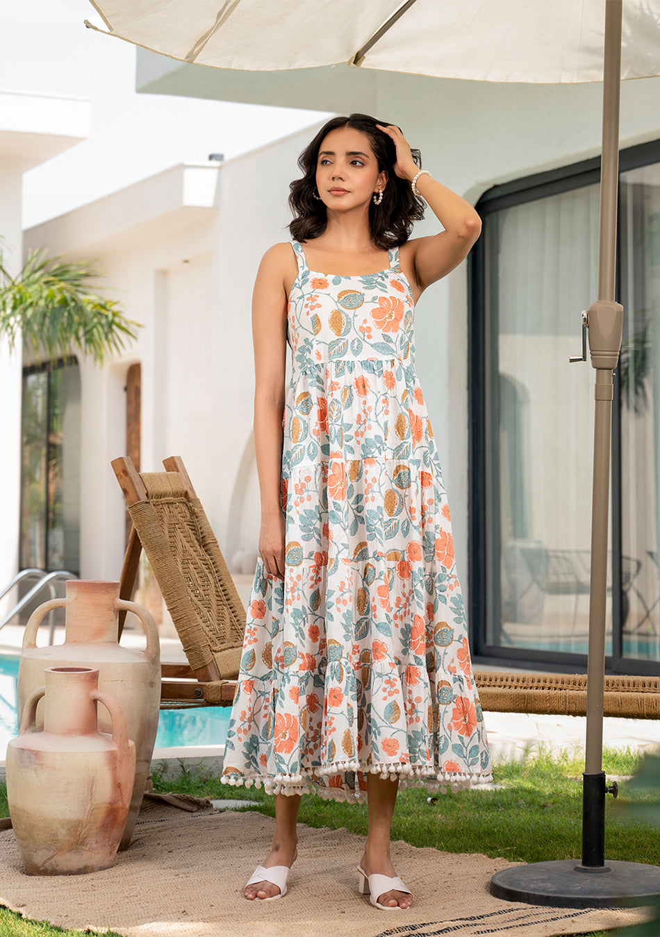 White Floral Printed Shoulder Strip Calf Long Dress