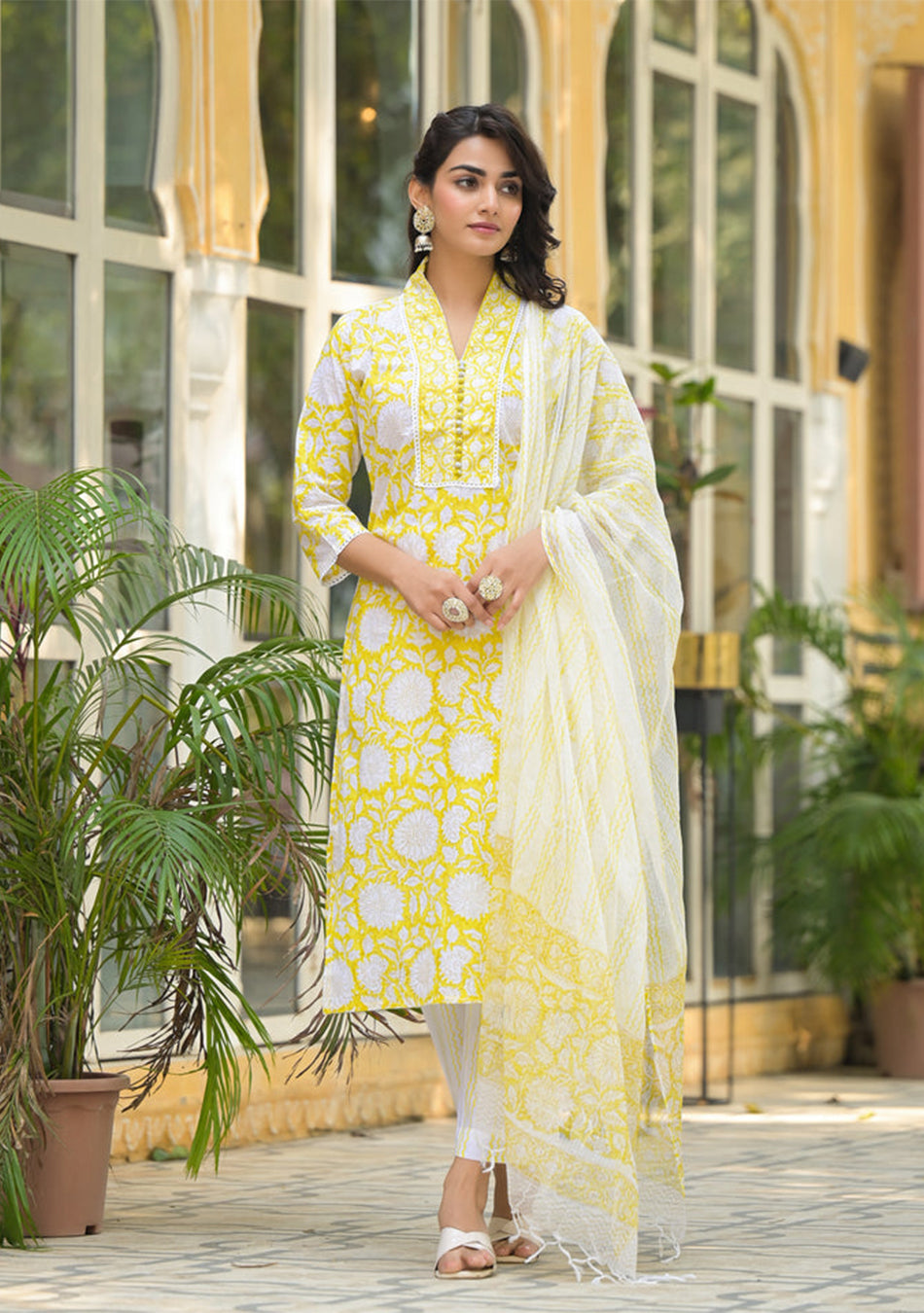 Yellow Hand Block Print Pure Cotton Straight Kurta Set