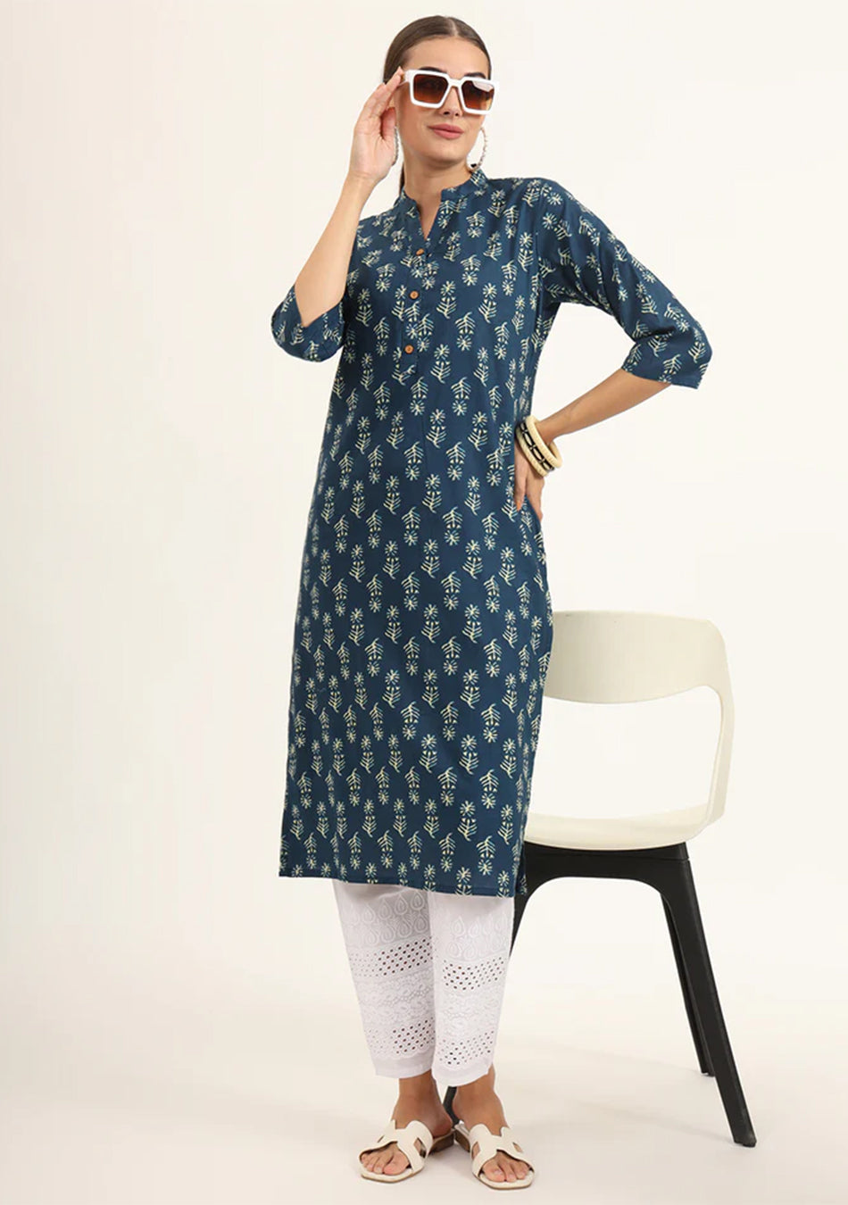 Blue Floral Print Pure Cotton Straight Kurta