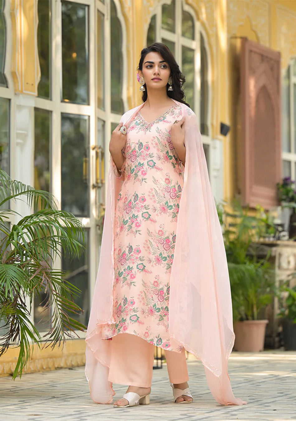 Peach Floral Print Muslin Straight Kurta Set
