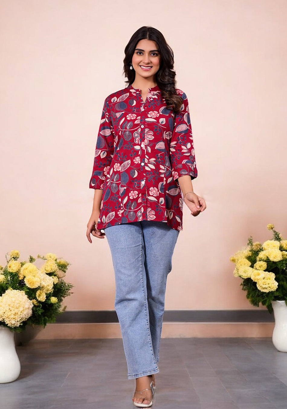 Crimson Blooms Casual Top