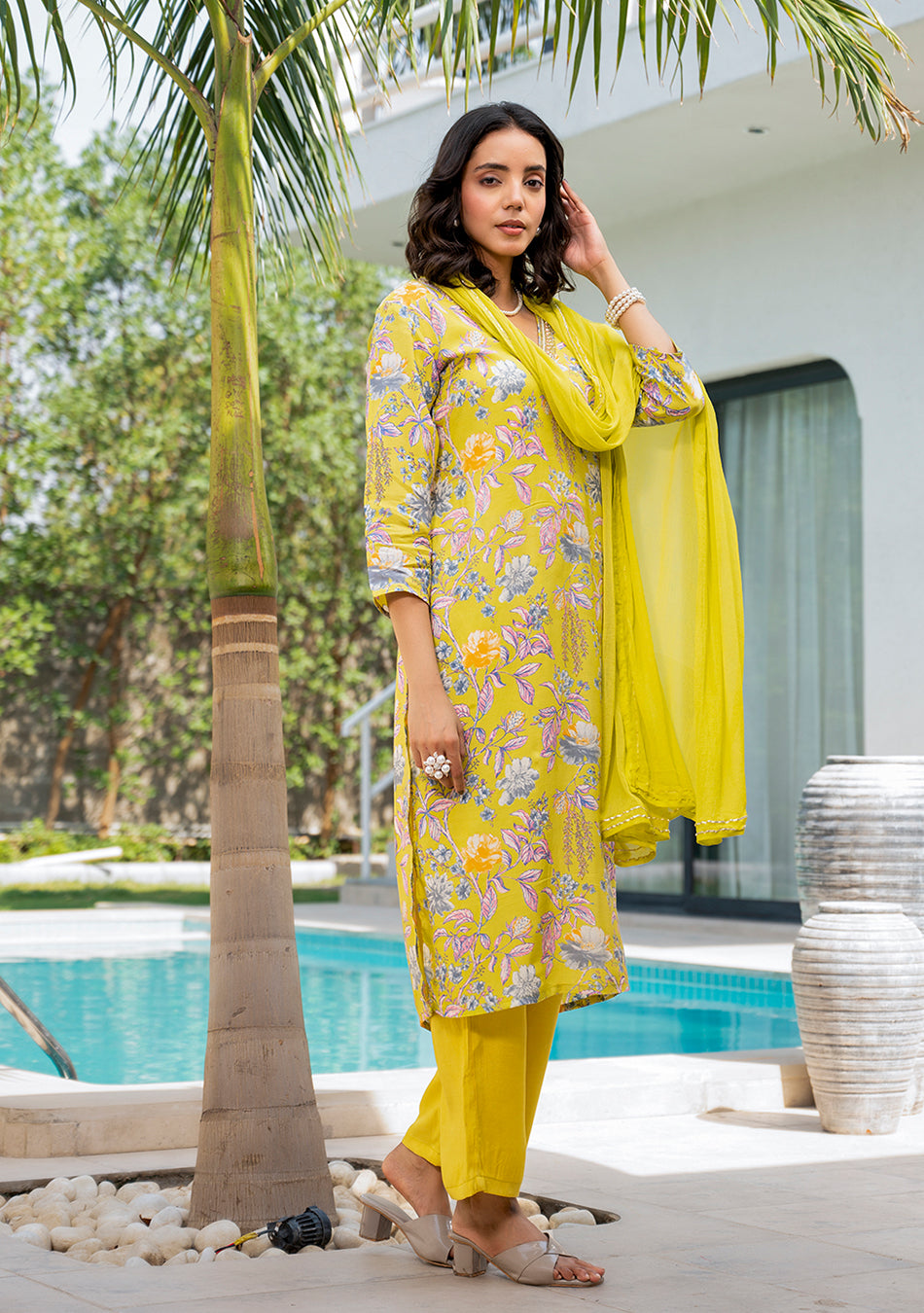 Yellow Embroidered Floral Print Muslin Kurta Set