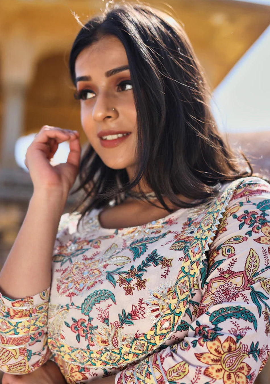 Off white Printed Anarkali Kurta Pant Set