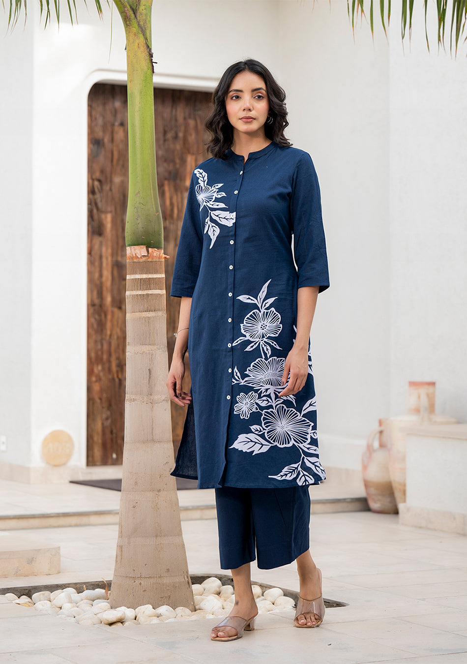 Navy Blue Floral Pattern Kurta Pant Set