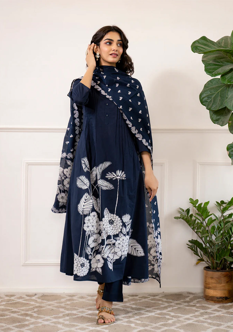 Navy Blue Printed A-Line Cotton Kurta Set