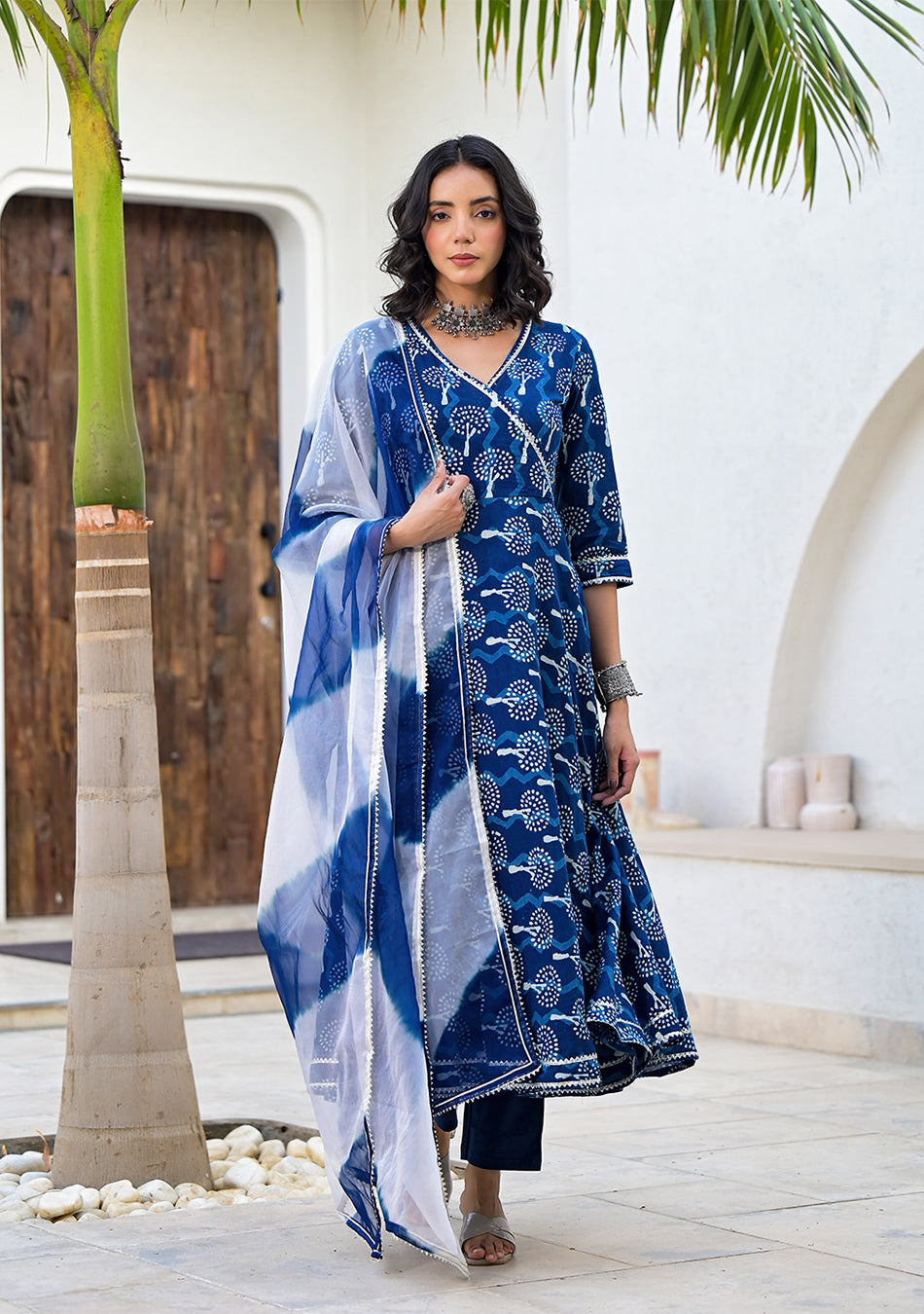 Indigo Blue HandBlock Print Cotton Anarkali Kurta Set with Organza Dupatta