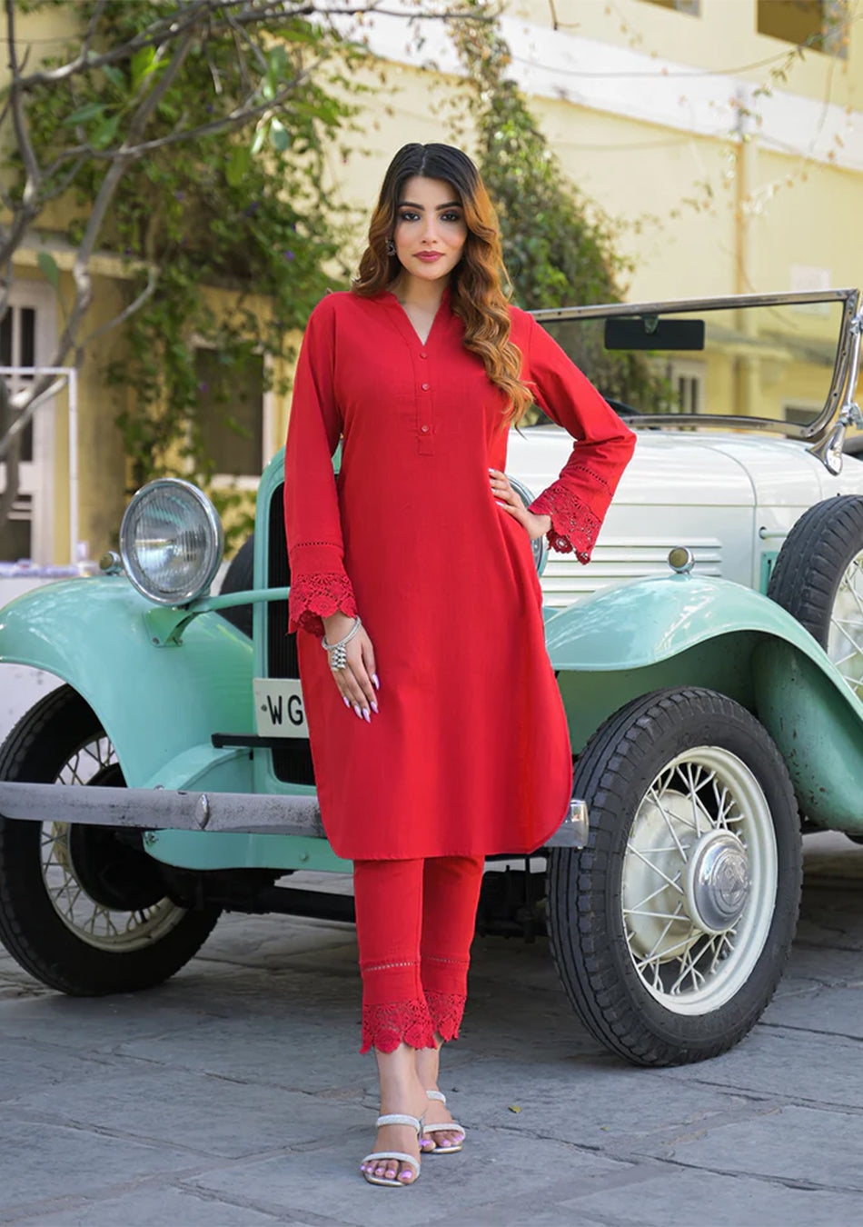 Red Solid Print Cotton Fabric Shirt Kurta with Trouser