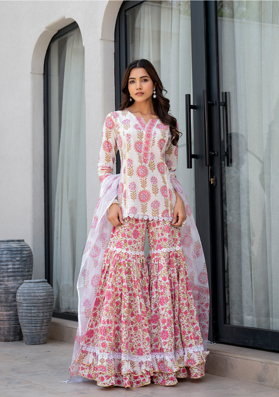 White Floral Print Pure Cotton Kurta Sharara Set for Women