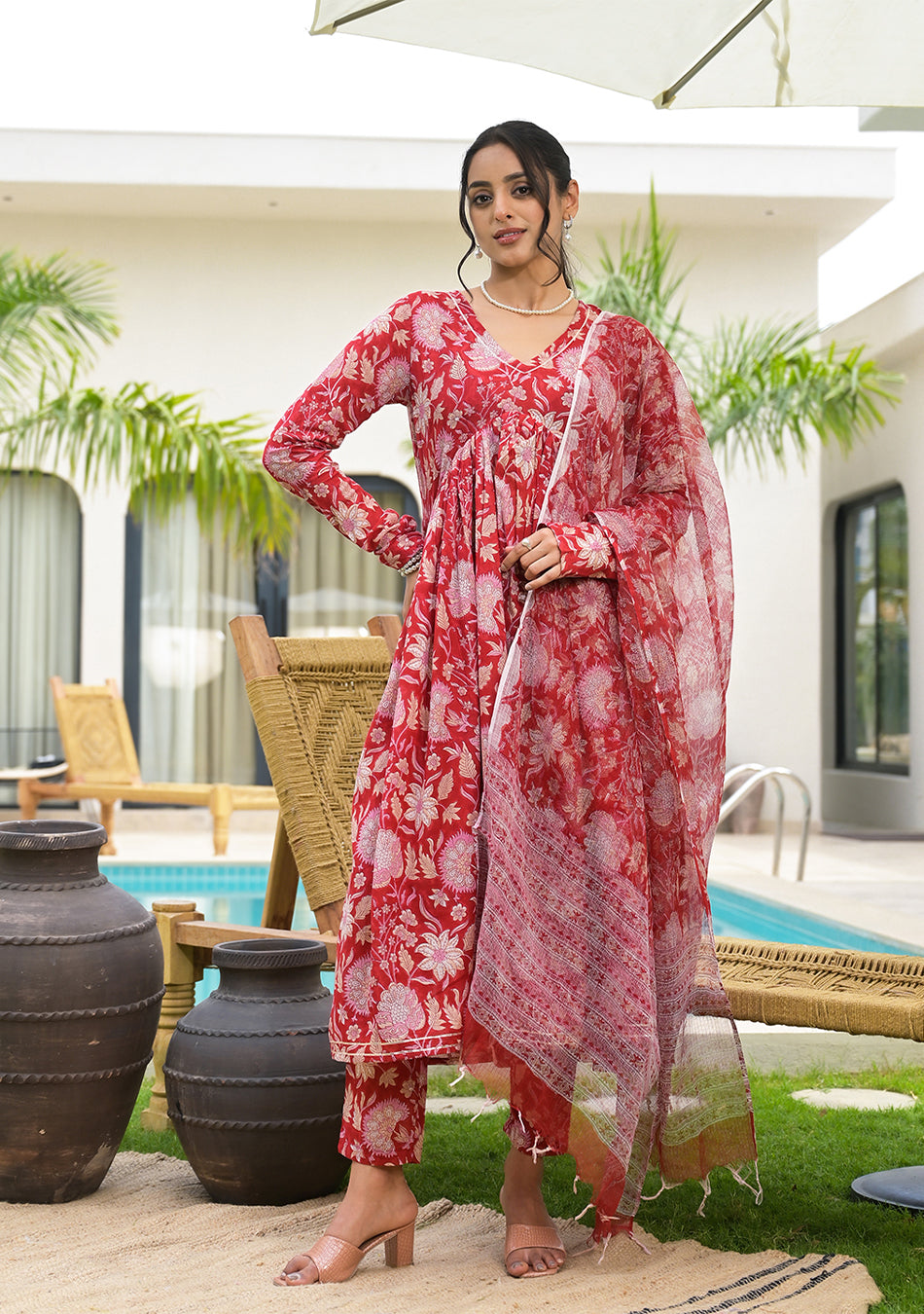 Floral Printed Red Cotton Alia Cut Kurta Set for women
