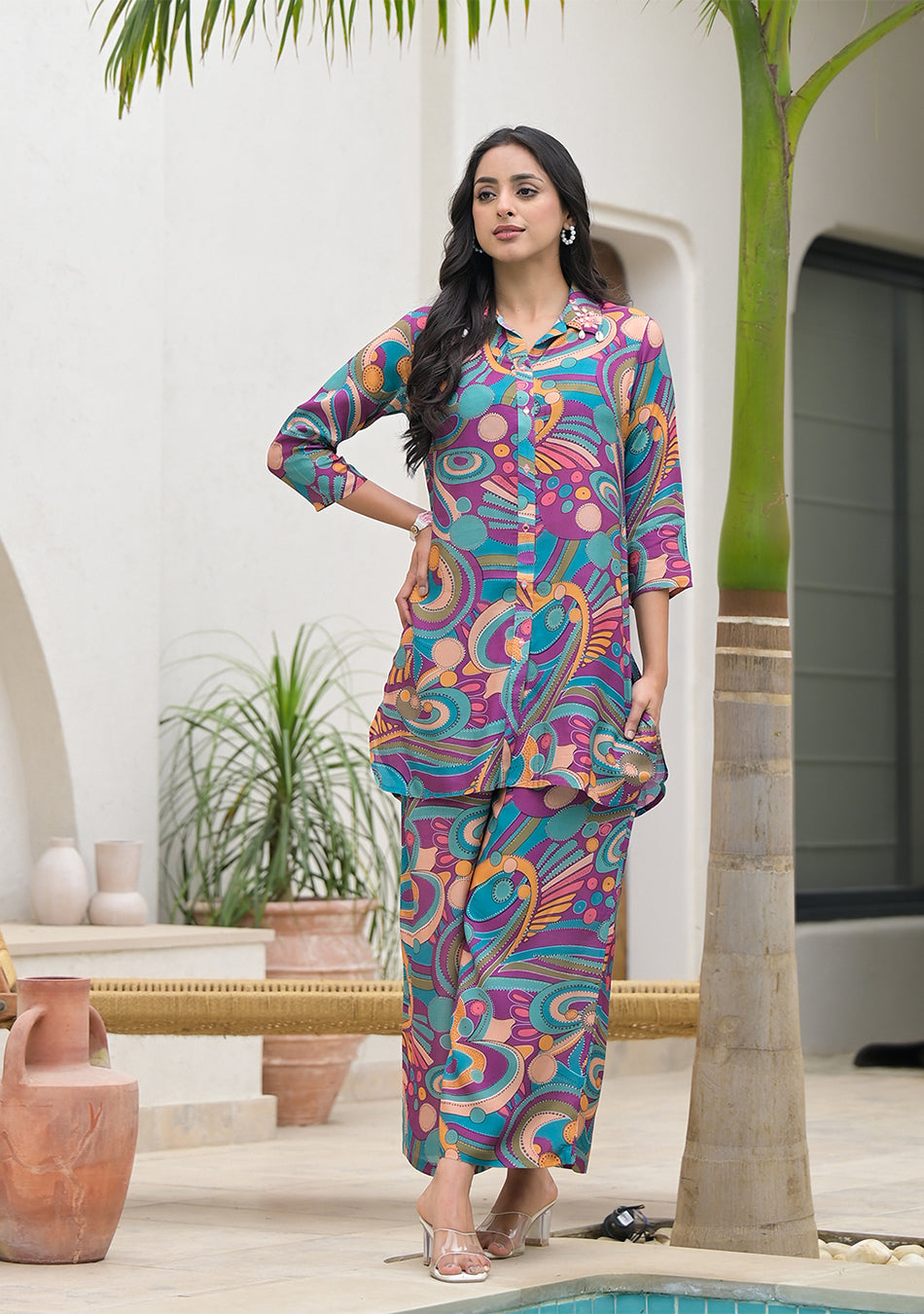 Purple Multi Digital Print Muslin Co-ord set for Women