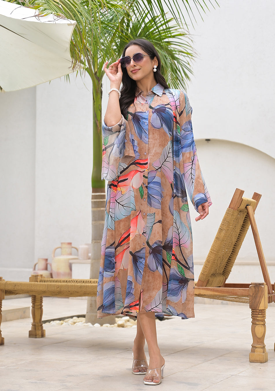 Blue Multi Digital Printed Chinon Kaftan Dress