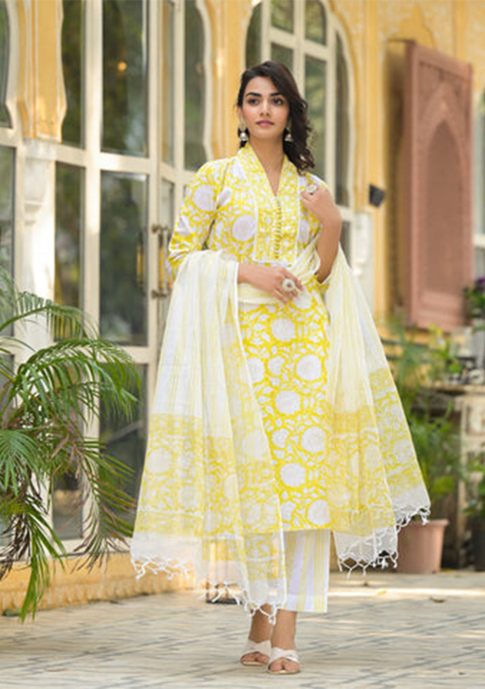 Yellow Hand Block Print Pure Cotton Straight Kurta Set