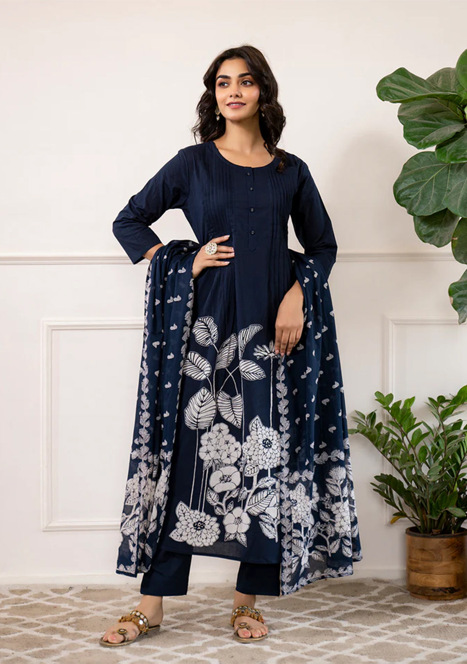 Navy Blue Printed A-Line Cotton Kurta Set