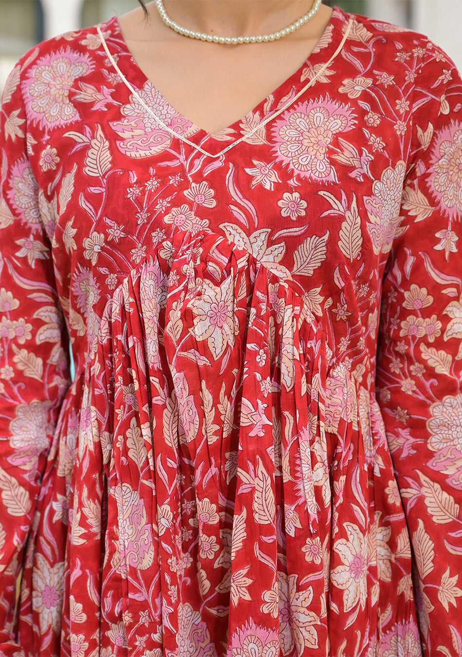 Floral Printed Red Cotton Alia Cut Kurta Set for women