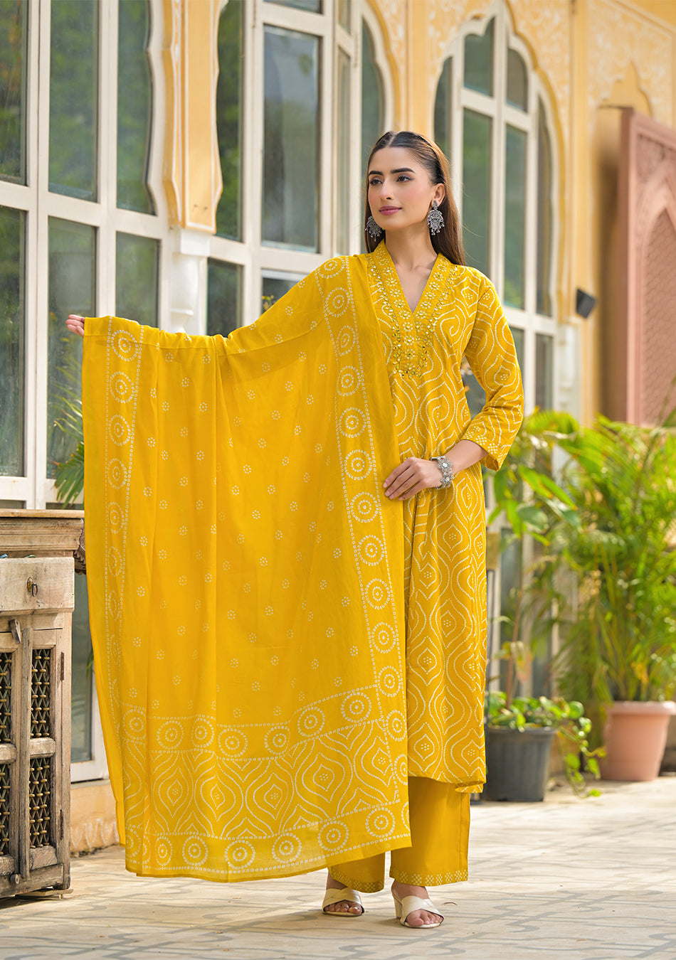 Mustard Bandhani Anarkali Suit Set