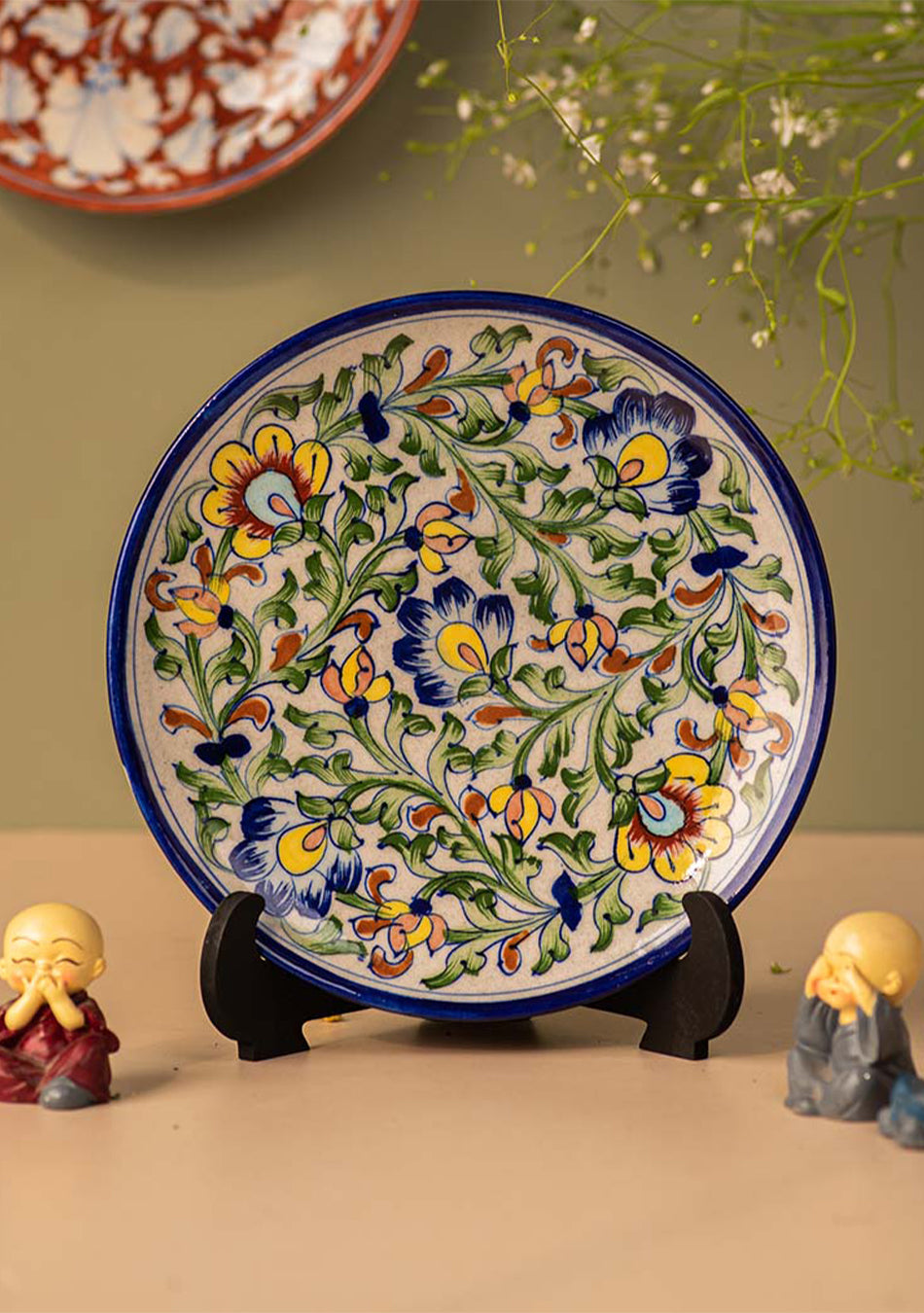 Multicolour Flowers Pattern Blue Pottery Plate