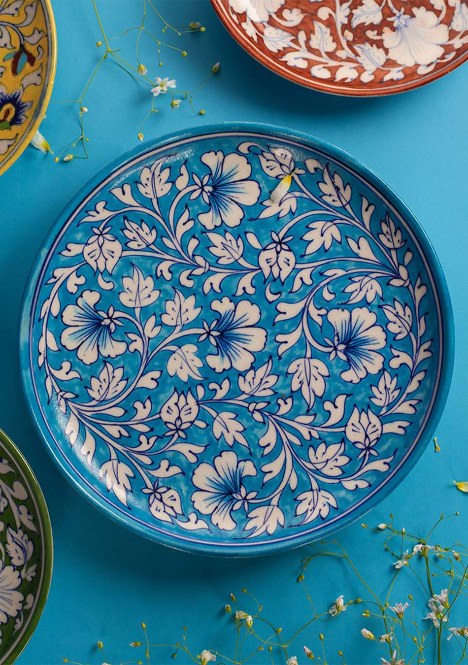 Antique Design Soft Amber Floral Pattern Blue Pottery Decorative Platter