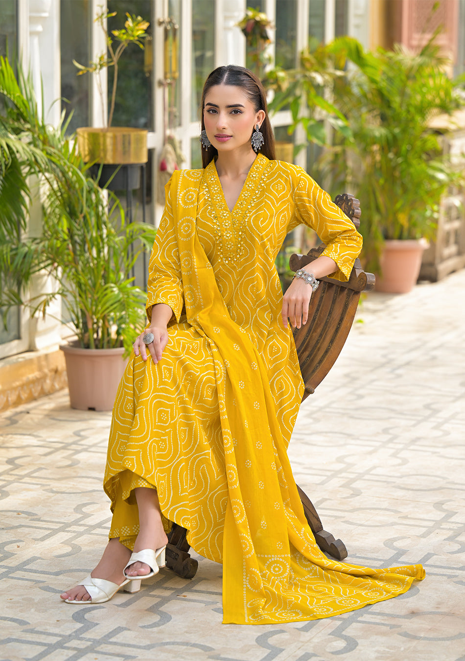 Mustard Bandhani Anarkali Suit Set