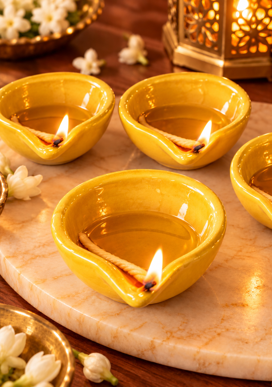 Yellow Glazed diya - Set of 6