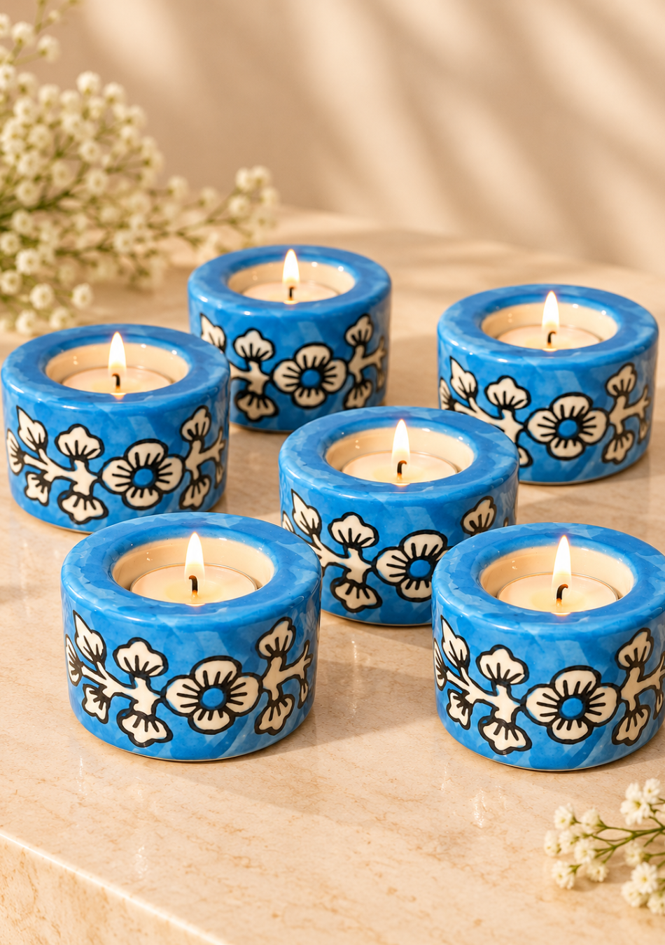Aravalii Azure Bloom Hand-Painted Tealight Diya