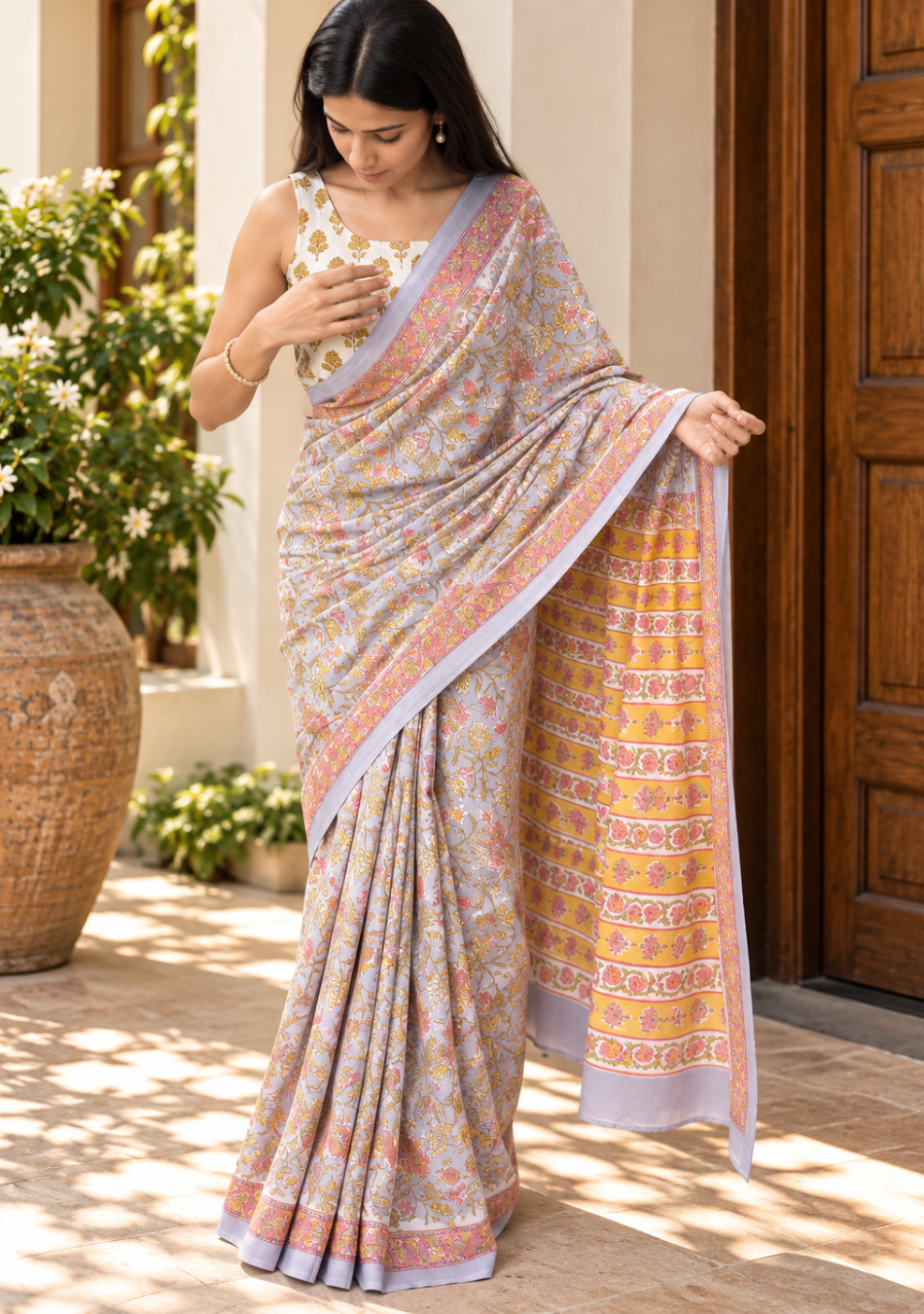 Aravalii Lavender Floral Cotton Hand Block Saree